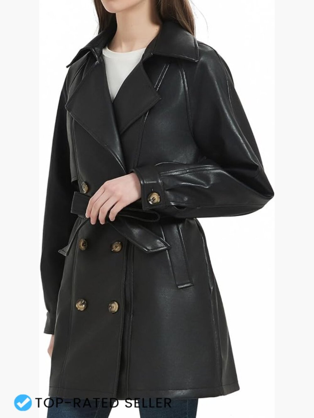 Faux Leather Trench Coat Longline Relaxed Fit Double Breasted Belted Chic